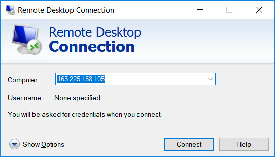 Remote Desktop Connection dialog.