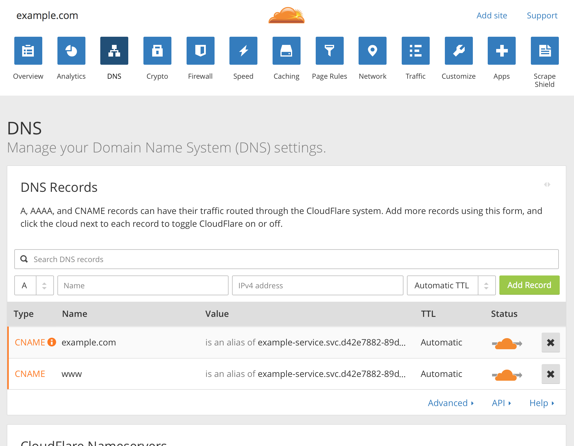 Setting a convenient CNAME for a Triton CNS generated domain name in CloudFlare DNS