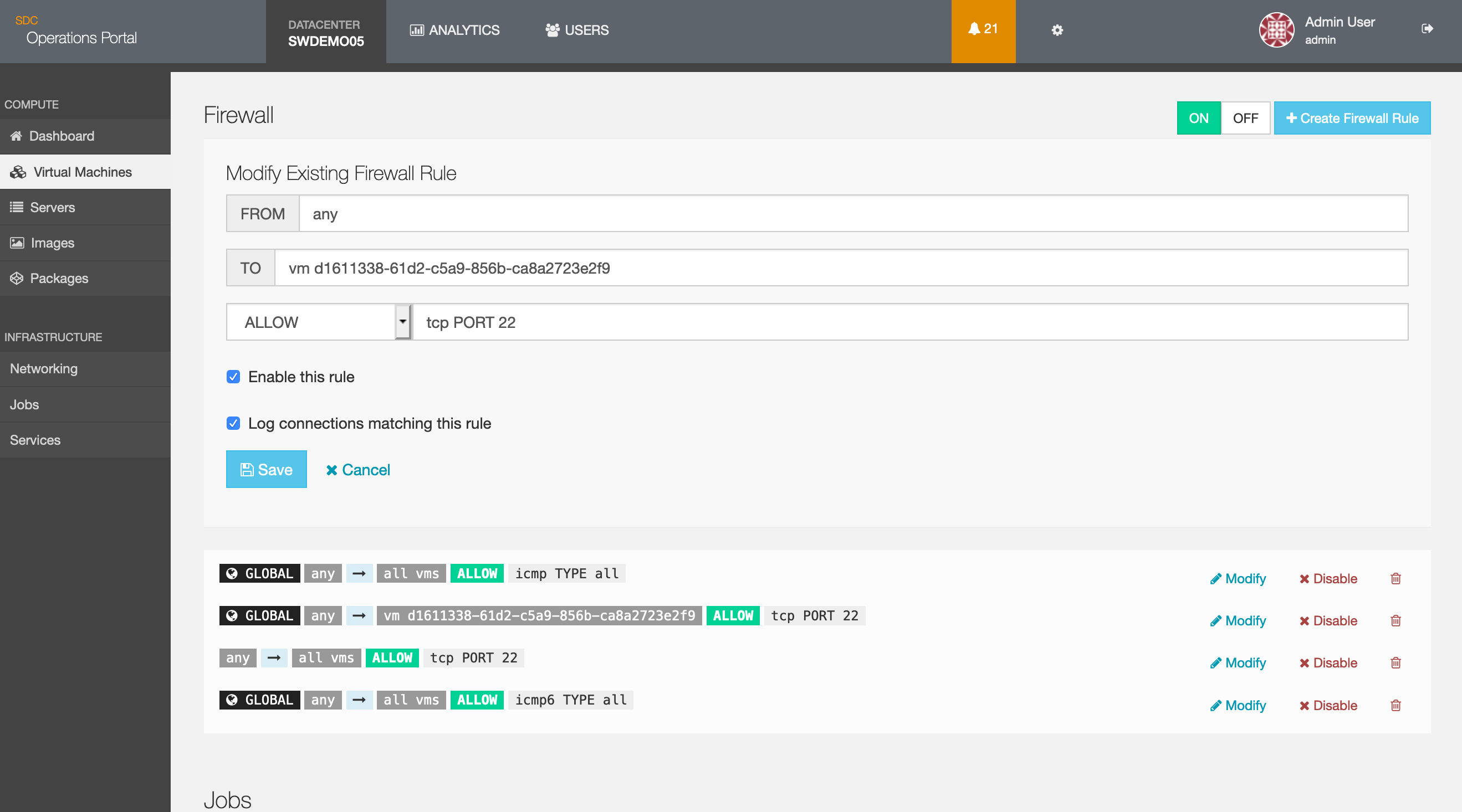 Modify existing firewall rule page